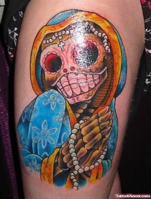 Colored Praying Skeleton Thigh Tattoo