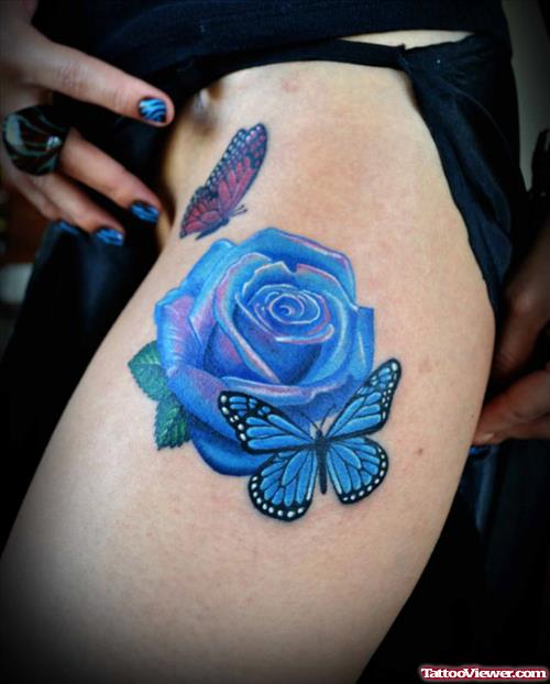 Blue Rose Thigh Tattoo For Girls