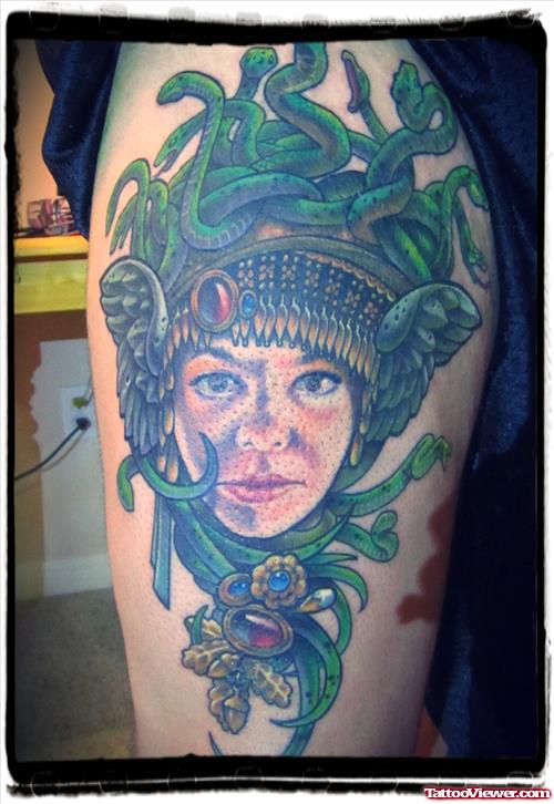 Medusa Girl Color Ink Thigh Tattoo