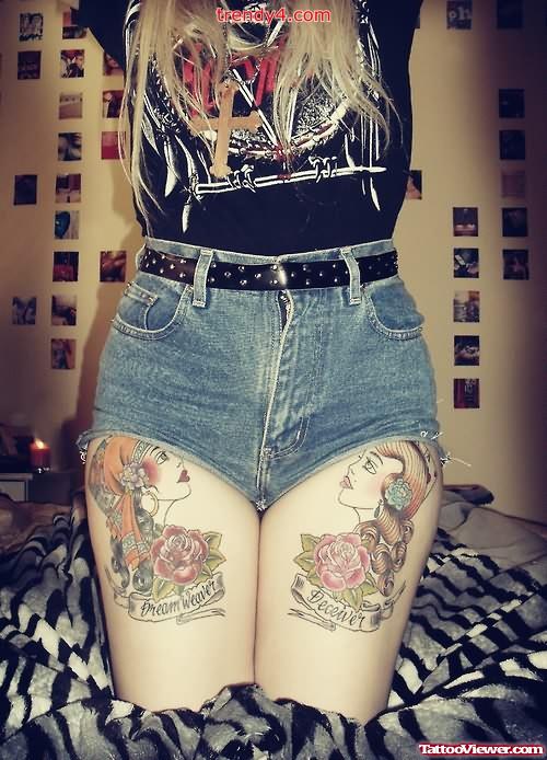 Girl Heads And Dream Weaver and Deceiver Banners Thigh Tattoos