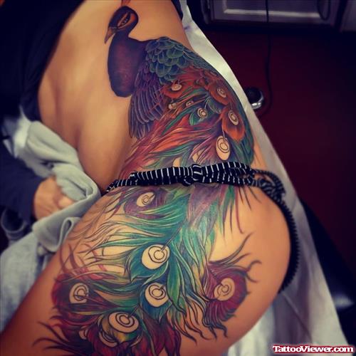 Colored Peacock Thigh Tattoo