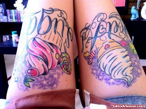 Colored Cupcake Tattoos On Both Thigh