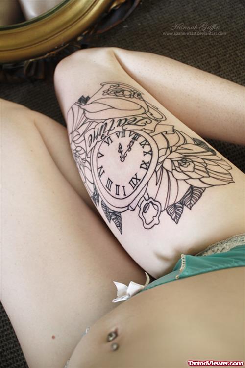 Clock And Flowers Outline Thigh Tattoo