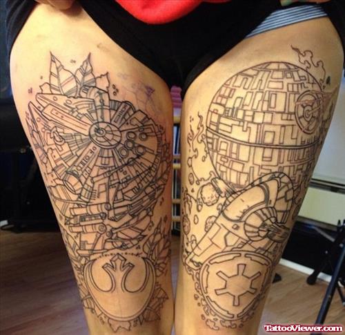 Grey Ink Thigh Tattoos For Girls