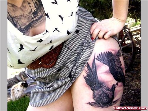 Fighting Pheasants Thigh Tattoo