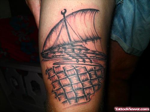 Amazing Grey Ship Thigh Tattoo