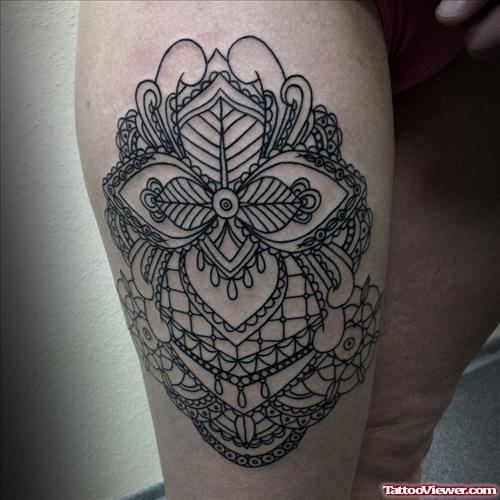 Grey Ink Geometric Flower Thigh Tattoo
