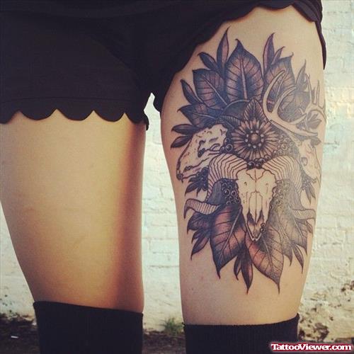 Deer Skulls and Flower Left Thigh Tattoo