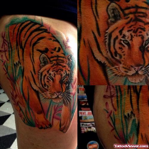 Colored Tiger Thigh Tattoo