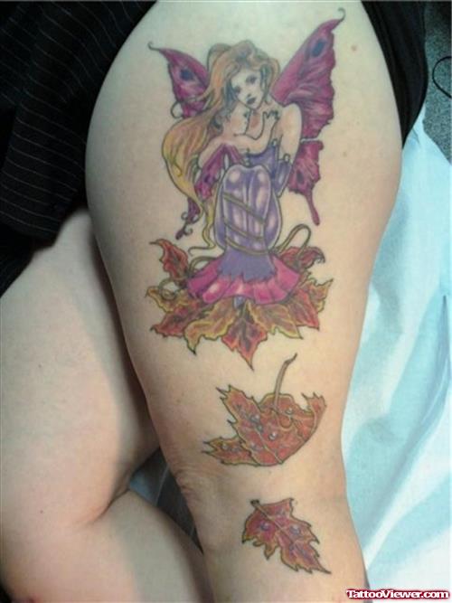 Colored Fairy Girl With Baby Thigh Tattoo