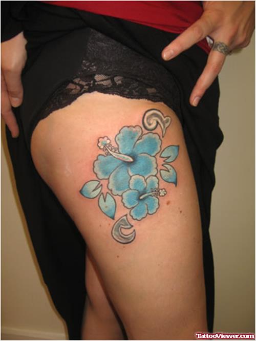 Blue Lily Flowers Thigh Tattoo