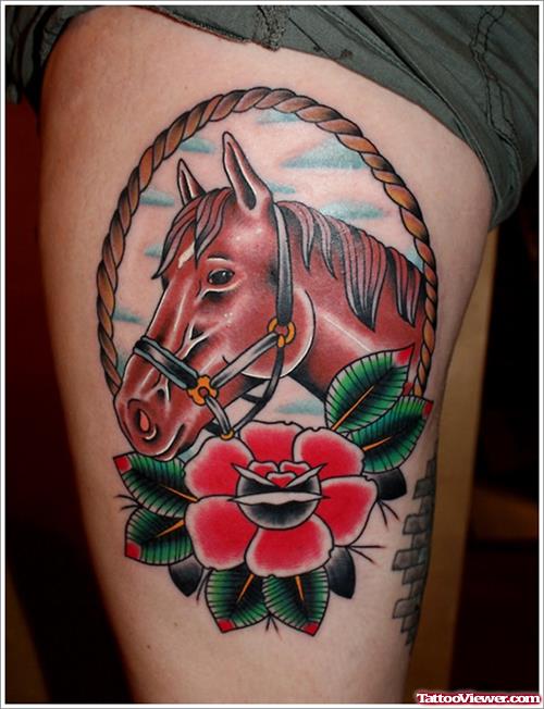 Horse Head And Flower Tattoo On Thigh