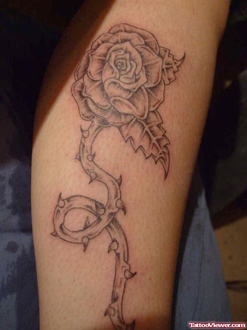 Grey Ink Rose Thigh Tattoo