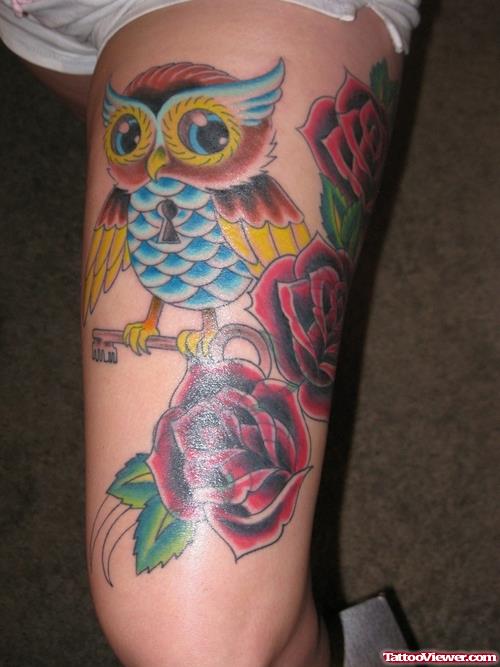 colored Owl And Red Roses Thigh Tattoo