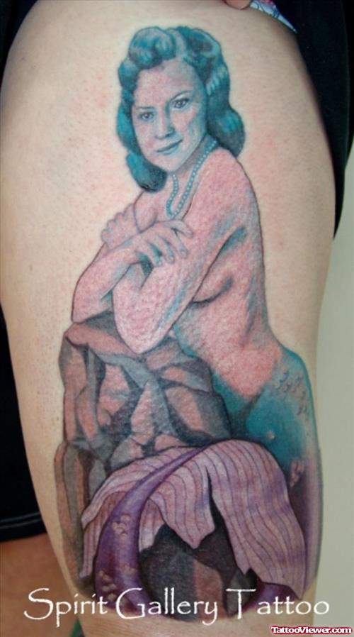 Colore Mermaid Left Thigh Tattoo
