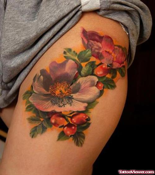 Amazing Colored Flowers Thigh Tattoo