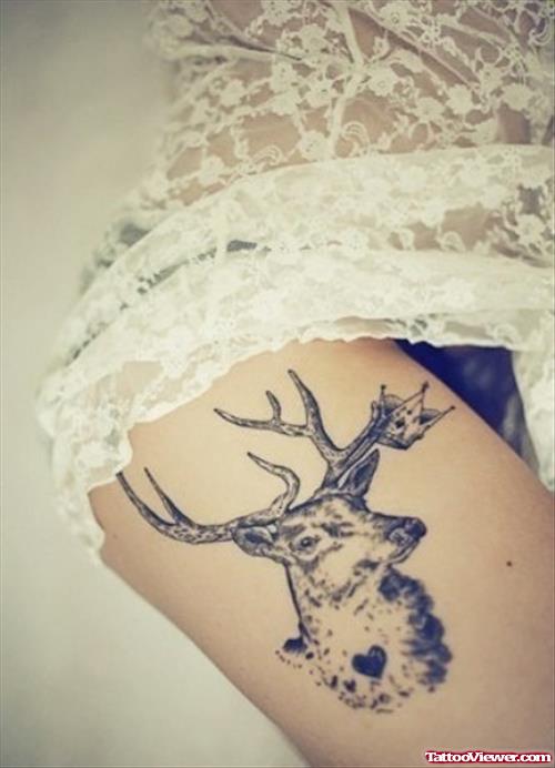 Grey Ink Deer Head Right Thigh Tattoo