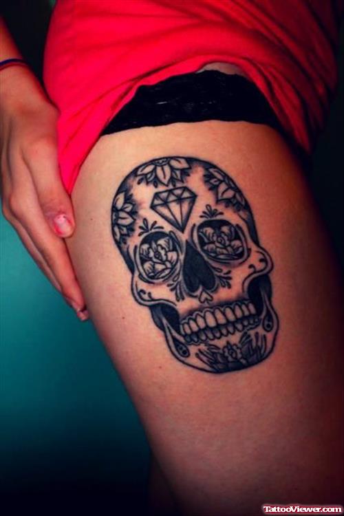 Grey Ink Sugar Skull Tattoo On Right Thigh