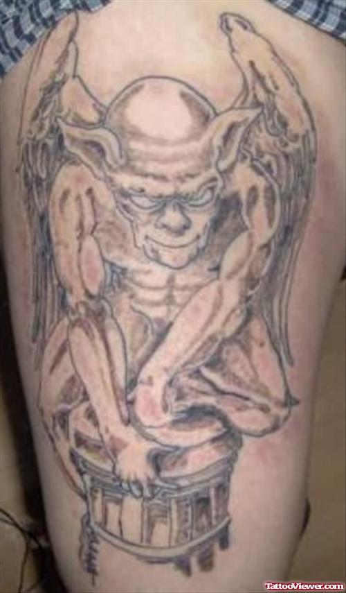 Grey Ink Gargoyle Thigh Tattoo