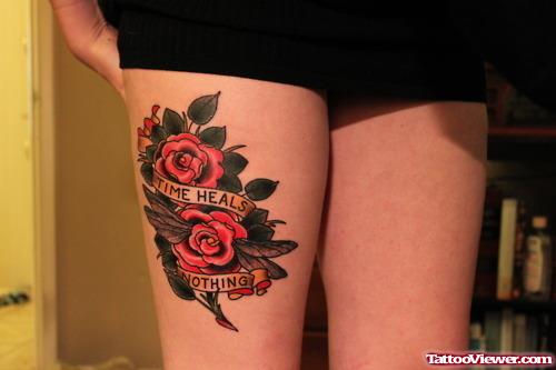 Red Roses With Banner Thigh Tattoo