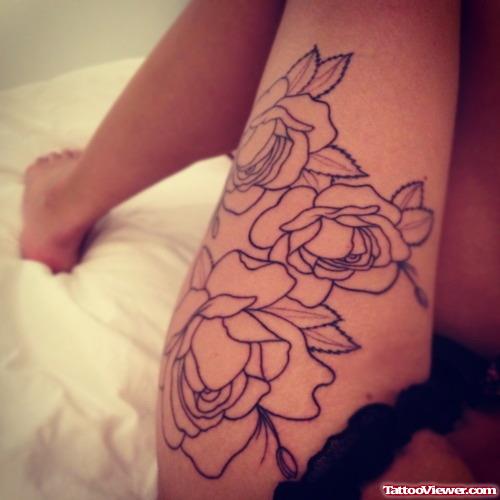 Outline Flowers Tattoos On Left Thigh