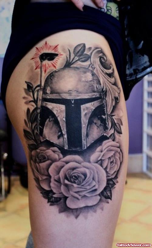 Grey Roses And Soldier Helmet Tattoo On Thigh