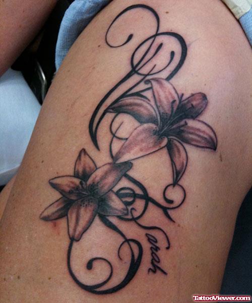 Grey Ink Lily Flower Thigh Tattoo