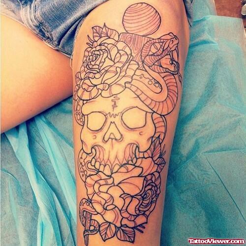 Skull Snake And Flowers Thigh Tattoo