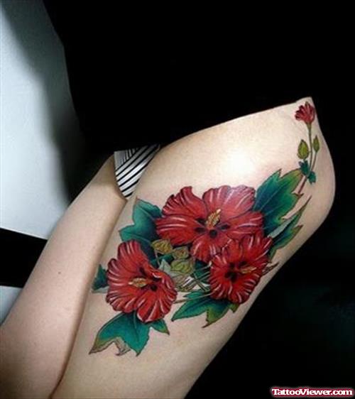 Red Lily Flowers Left Thigh Tattoo