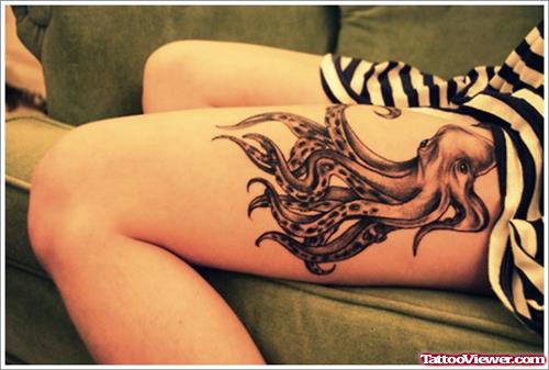 Grey Octopus Thigh Tattoo
