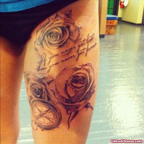 Grey Roses And Compass Thigh Tattoo
