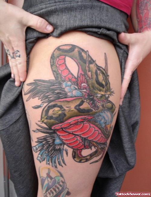 Colored Snake Thigh Tattoo