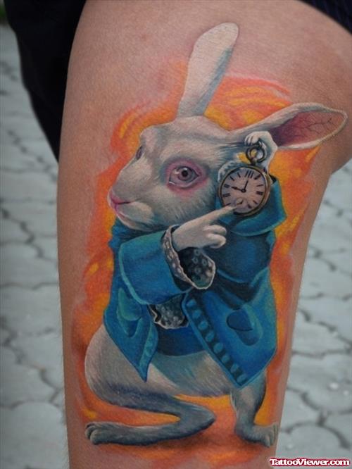 Colored Rabbit  With Pocket Watch Tattoo On Thigh