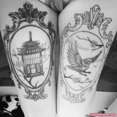 House Door And Flying Bird Thigh Tattoos