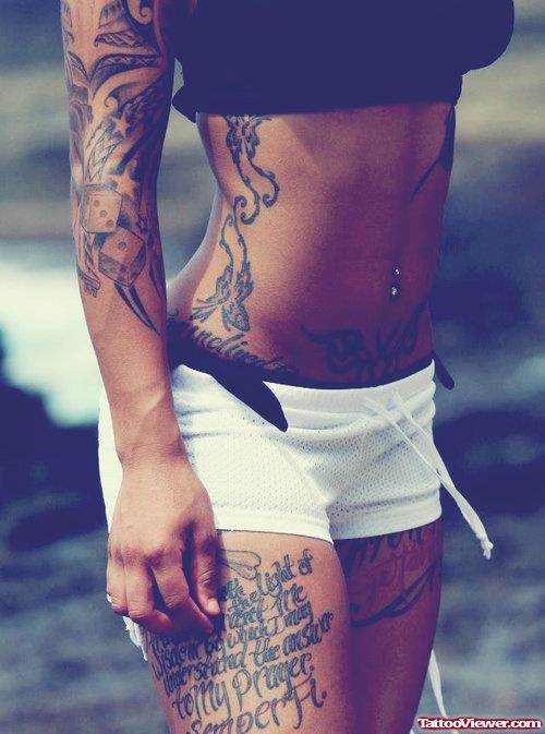 Grey Ink Lettering Tattoo On Girl Hip And Thigh