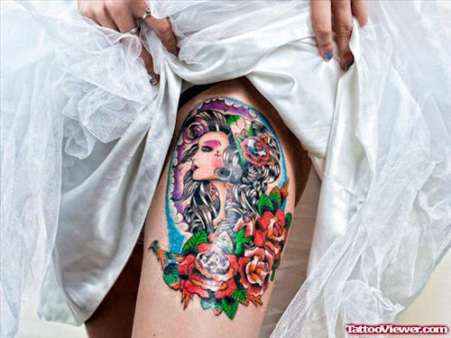 Girl Head And Red Roses Thigh Tattoo