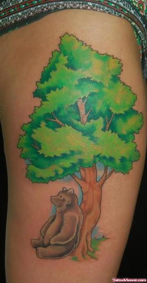 Bear Sit Under Tree Thigh Tattoo