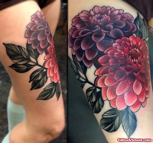 Awesome Red Flowers Tattoo On Girl Right Thigh