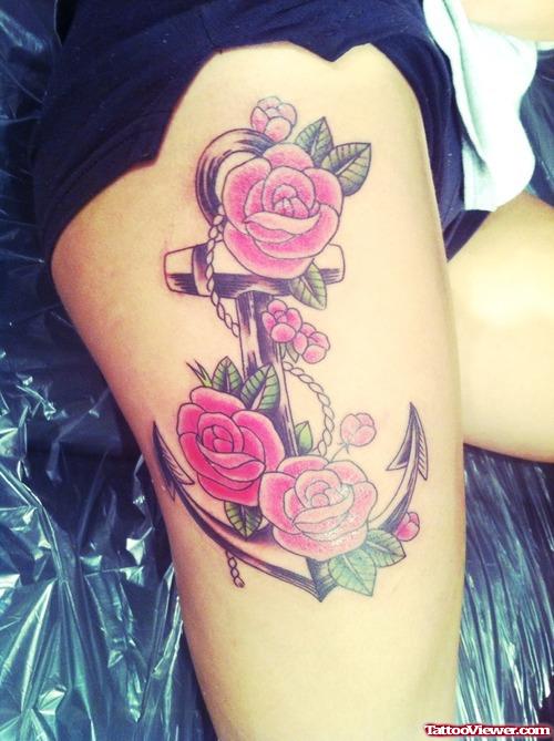 Anchor And Pink Roses Thigh Tattoo