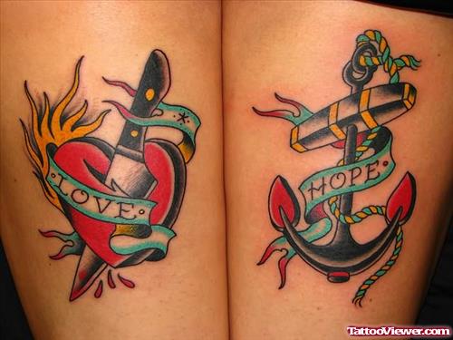 Anchor And Heart Tattoo On Thigh