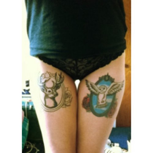 Deer Head And Flying Owl Thigh Tattoos