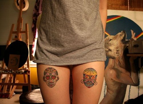 Colored Sugar Skulls Thigh Tattoos