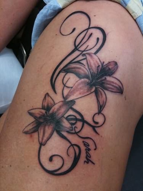 Lilly Flowers Tattoos On Thigh