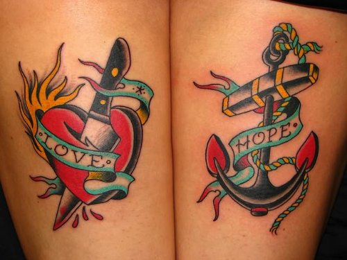 Head Knife With Love Banner And Anchor With Hope Banner Both Thigh Tattoos