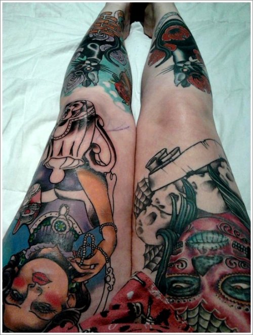 Colored Gypsy Thigh Tattoos