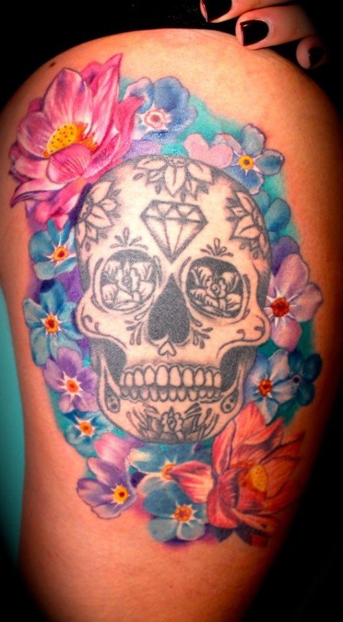 Awesome Colored Flowers And Sugar Skull Thigh Tattoos
