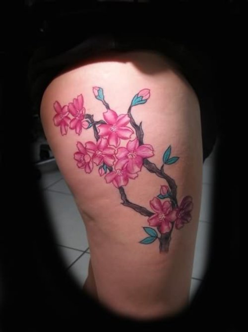 Cherry Blossom Flowers Thigh Tattoo