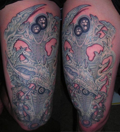 Grey Ink Biomechanical Tattoos On Thigh