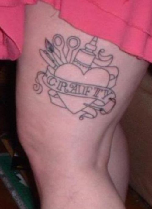 Heart With Crafty Banner Thigh Tattoo
