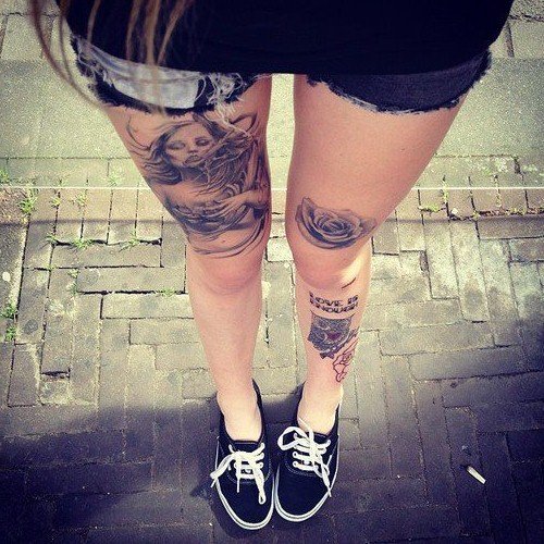 Grey Rose And Zombie Girl Thigh Tattoos